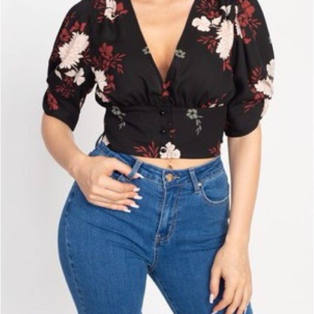 Floral Button Front Black Crop Top (Woven)